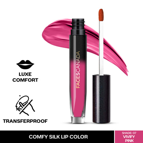 FACES CANADA Comfy Silk Liquid Lipstick - Vivify Pink 07, 3 ml | Satin Matte HD Finish | Luxe Comfort | Longlasting | No Dryness | Smooth Texture | Mulberry Oil & Shea Butter For Plump Hydrated Lips