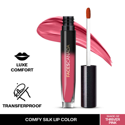 FACES CANADA Comfy Silk Liquid Lipstick - Thriver Pink 02, 3 ml | Satin Matte HD Finish | Luxe Comfort | Longlasting | No Dryness | Smooth Texture | Mulberry Oil & Shea Butter For Plump Hydrated Lips