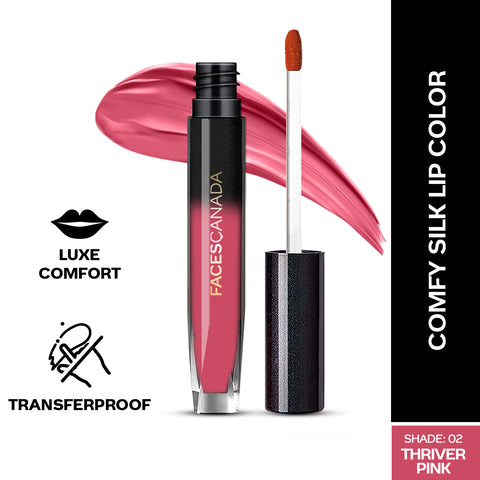 FACES CANADA Comfy Silk Liquid Lipstick - Thriver Pink 02, 3 ml | Satin Matte HD Finish | Luxe Comfort | Longlasting | No Dryness | Smooth Texture | Mulberry Oil & Shea Butter For Plump Hydrated Lips