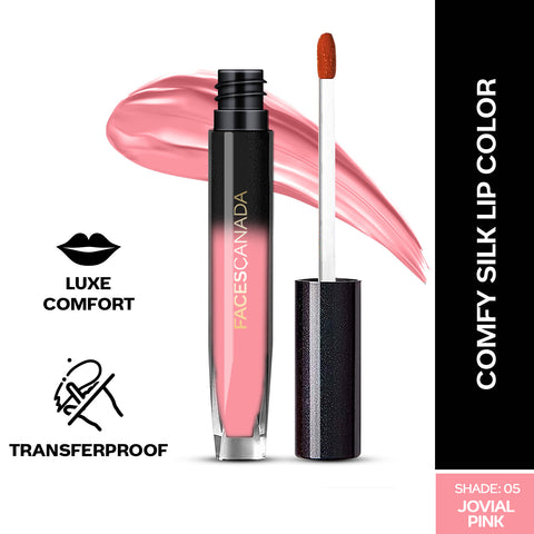 FACES CANADA Comfy Silk Liquid Lipstick - Jovial Pink 05, 3 ml | Satin Matte HD Finish | Luxe Comfort | Longlasting | No Dryness | Smooth Texture | Mulberry Oil & Shea Butter For Plump Hydrated Lips
