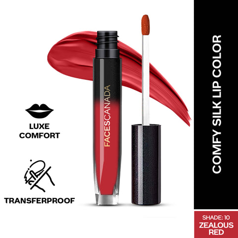 FACES CANADA Comfy Silk Liquid Lipstick - Zealous Red 10, 3 ml | Satin Matte HD Finish | Luxe Comfort | Longlasting | No Dryness | Smooth Texture | Mulberry Oil & Shea Butter For Plump Hydrated Lips