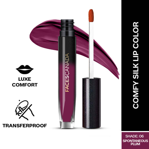 FACES CANADA Comfy Silk Liquid Lipstick - Spontaneous Plum, 3 ml | Satin Matte HD Finish | Luxe Comfort | Longlasting | No Dryness | Smooth Texture | Mulberry Oil & Shea Butter For Plump Hydrated Lips