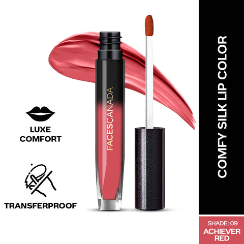 FACES CANADA Comfy Silk Liquid Lipstick - Achiever Red 09, 3 ml | Satin Matte HD Finish | Luxe Comfort | Longlasting | No Dryness | Smooth Texture | Mulberry Oil & Shea Butter For Plump Hydrated Lips