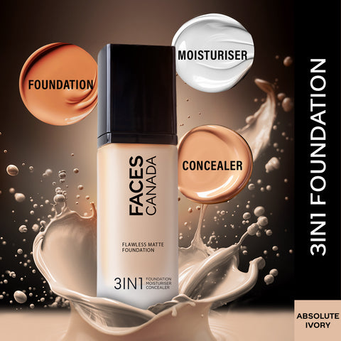 FACES CANADA Flawless Matte Foundation - Absolute Ivory 012, 30 ml | 3-in-1 Foundation + Moisturizer + Concealer | 12 HR Hydration + SPF 18 | Full HD Matte Coverage | Lightweight | Anti Ageing