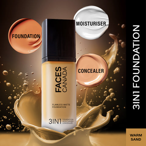 FACES CANADA Flawless Matte Foundation - Warm Sand 042, 30 ml | 3-in-1 Foundation + Moisturizer + Concealer | 12 HR Hydration + SPF 18 | Full HD Matte Coverage | Lightweight | Anti Ageing