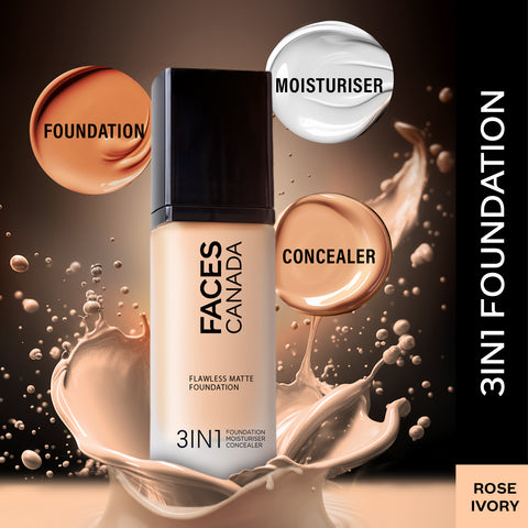 FACES CANADA Flawless Matte Foundation - Rose Ivory 011, 30 ml | 3-in-1 Foundation + Moisturizer + Concealer | 12 HR Hydration + SPF 18 | Full HD Matte Coverage | Lightweight | Anti Ageing
