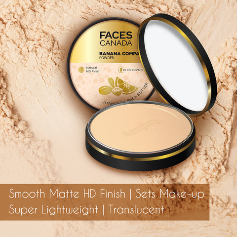 FACES CANADA Banana Compact Powder 9 gm | 8HR Oil Control Complexion Enhancer | Smooth Matte HD Finish | Lightweight Translucent Powder Sets Makeup | Blurs & Conceals | Radiant Flawless Skin | Vitamin C