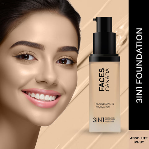 FACES CANADA Flawless Matte Foundation - Absolute Ivory 012, 30 ml | 3-in-1 Foundation + Moisturizer + Concealer | 12 HR Hydration + SPF 18 | Full HD Matte Coverage | Lightweight | Anti Ageing
