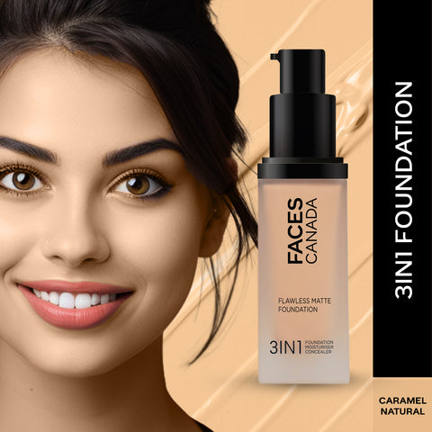 FACES CANADA Flawless Matte Foundation - Caramel Natural 023, 30 ml | 3-in-1 Foundation + Moisturizer + Concealer | 12 HR Hydration + SPF 18 | Full HD Matte Coverage | Lightweight | Anti Ageing