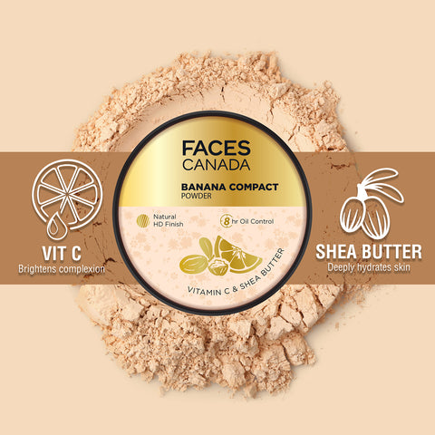 FACES CANADA Banana Compact Powder 9 gm | 8HR Oil Control Complexion Enhancer | Smooth Matte HD Finish | Lightweight Translucent Powder Sets Makeup | Blurs & Conceals | Radiant Flawless Skin | Vitamin C