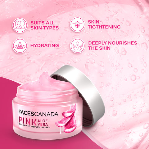 FACES CANADA Pink Aloe Vera Overnight Replenish Gel, 50 gm | Hyaluronic Acid & Vitamin E | Intense Hydration | Lightweight, Non Sticky & Absorbs Easily | Anti-Ageing, Nourishing & Skin Tightening