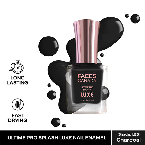 FACES CANADA Ultime Pro Splash Luxe Nail Enamel - Charcoal (L25), 12ml | Glossy Finish | Quick Drying | Long Lasting | High Shine | Chip Defiant | Even-Finish | Vegan | Non-Toxic | Ethanol-Free