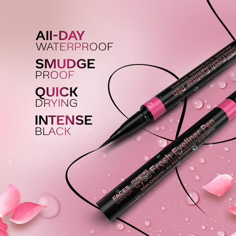 FACES CANADA Magneteyes Fresh Eyeliner Pen - Black, 1 ml | All - Day Waterproof & Smudgeproof | Long-Lasting | Intense Color Payoff | Quick Drying & One Stroke Application | Rose Extract