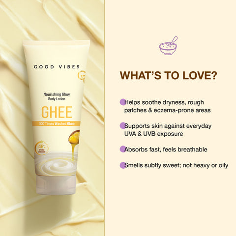 Good Vibes Nourishing Glow Body Lotion with 100× Washed Ghee | 48H Deep Hydration| Intense Hydration | Non-Greasy Moisture | Repairs Dry & Rough Skin | With Vitamin E | Soothes & Softens Skin | Daily Body Care- 200 ml