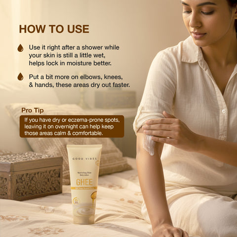 Good Vibes Nourishing Glow Body Lotion with 100× Washed Ghee | 48H Deep Hydration| Intense Hydration | Non-Greasy Moisture | Repairs Dry & Rough Skin | With Vitamin E | Soothes & Softens Skin | Daily Body Care- 200 ml