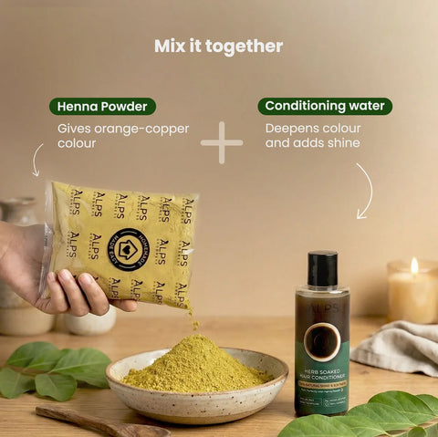 Alps Goodness Henna Powder with Herb-Soaked Hair Conditioner | Henna Powder | Conditioning water | Ready-to-Mix Herbal Henna Kit | Henna for hair | Grey Coverage & Conditioning | No Toxic Chemicals | 50 gm + 150 ml