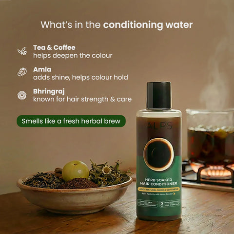 Alps Goodness Henna Powder with Herb-Soaked Hair Conditioner | Henna Powder | Conditioning water | Ready-to-Mix Herbal Henna Kit | Henna for hair | Grey Coverage & Conditioning | No Toxic Chemicals | 50 gm + 150 ml