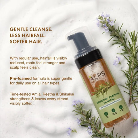 Alps Goodness Rosemary Foaming Shampoo | Presoaked in Amla Reetha Shikakai water | Anti hairfall Shampoo | Gentle & Non drying | Rosemary Shampoo | Hair Growth Shampoo | For long thick hair | Sulphate-free | For men & women |150 ml