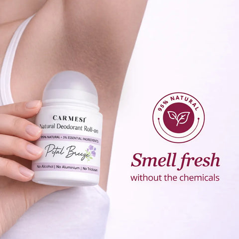 Carmesi Natural Underarm Roll On Deodorant for Women | 95% Natural | Prevents Body Odour | No Alcohol & Aluminium | Petal Breeze | 50 ml