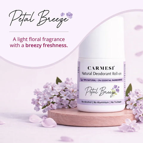Carmesi Natural Underarm Roll On Deodorant for Women | 95% Natural | Prevents Body Odour | No Alcohol & Aluminium | Petal Breeze | 50 ml