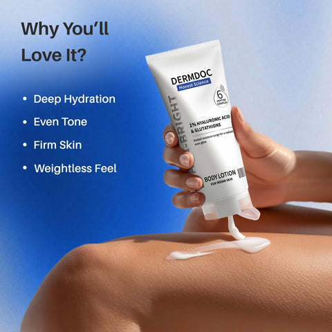 DERMDOC Hya-Bright Body Lotion (180 ml) | With Glutathione Hyaluronic Acid Peptides & Niacinamide | Deep Moisturization | Evens Skin Tone | Non-Greasy | For Normal Dry & Combination Skin