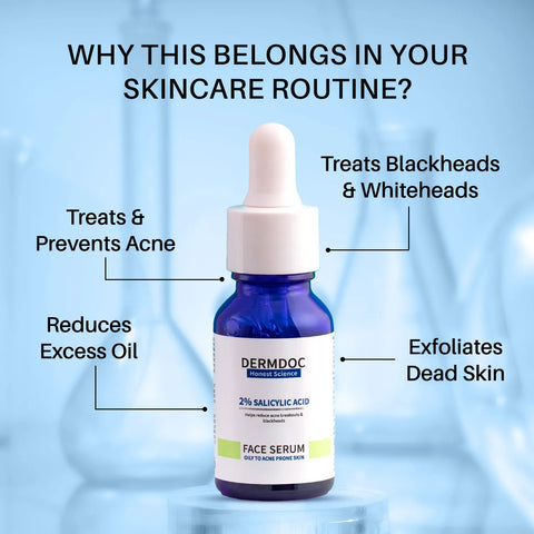 DERMDOC 2% Salicylic Acid Face Serum (30 ml) | For Blackheads & Whiteheads | Targets Active Acne | Calms Irritation & Unclogs Pores