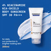 DERMDOC 4% Nia Shield Body Sunscreen Lotion SPF 30 PA+++ | Niacinamide |Brightening Care | Body Lotion with SPF | Broad Spectrum UVA & UVB Protection | Anti-Tan & Even Tone | Lightweight Daily Wear |Non-Sticky Formula| All Skin Types | 200 ml