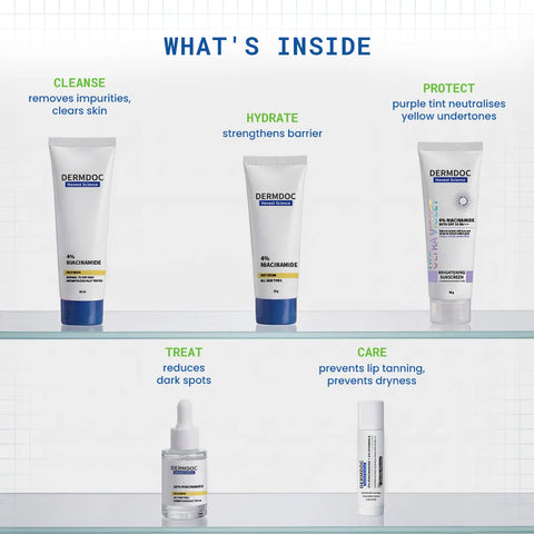 DERMDOC Niacinamide Brightening Kit | 5-Step Routine for Clearer & Brighter Skin | Face Wash Serum Day Cream Sunscreen & Lip Balm | Helps Reduce Dark Spots & Improve Uneven Skin Tone | Pack of 5