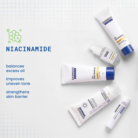 DERMDOC Niacinamide Brightening Kit | 5-Step Routine for Clearer & Brighter Skin | Face Wash Serum Day Cream Sunscreen & Lip Balm | Helps Reduce Dark Spots & Improve Uneven Skin Tone | Pack of 5