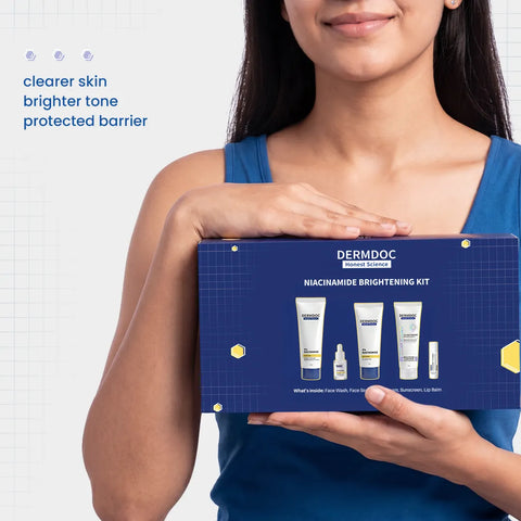 DERMDOC Niacinamide Brightening Kit | 5-Step Routine for Clearer & Brighter Skin | Face Wash Serum Day Cream Sunscreen & Lip Balm | Helps Reduce Dark Spots & Improve Uneven Skin Tone | Pack of 5