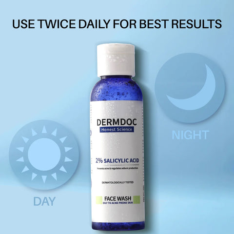 DERMDOC 2% Salicylic Acid Face Wash (120 ml) | Oily Sensitive & Acne Prone Skin Friendly | Clears Pimples Dark Spots Whiteheads & Blackheads | Gentle Exfoliation