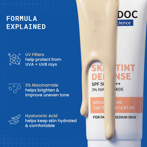 DermDoc Skin Tint Defense Brightening Tinted Sunscreen SPF 50 PA+++ | Fair to Medium Skin | 3% Niacinamide | Light Coverage Natural Finish | Evens Tone & Adds Glow | Broad Spectrum | Weightless Non-Sticky | 50 ml