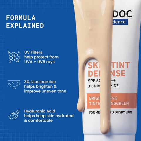 DermDoc Skin Tint Defense Brightening Tinted Sunscreen SPF 50 PA+++ | Medium to Dusky Skin | 3% Niacinamide | Light Coverage Natural Finish | Evens Tone & Adds Glow | Broad Spectrum | Weightless Non-Sticky | 50 ml