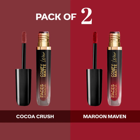 FACES CANADA Comfy Matte Wow Liquid Lipstick - The Bold Edit (3.8 ml x 2) | Cocoa Crush 07 + Maroon Maven 05 | Long Lasting | Matte Finish | Lipstick Combo | Pack of 2