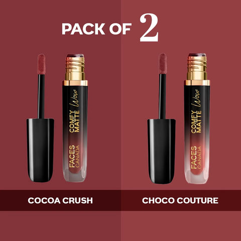 FACES CANADA Comfy Matte Wow Liquid Lipstick - The Latte Edit (3.8 ml x 2) | Choco Couture 01 + Cocoa Crush 07 | Long Lasting | Matte Finish | Lipstick Combo | Pack of 2