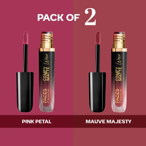 FACES CANADA Comfy Matte Wow Liquid Lipstick - The Soft Edit (3.8 ml x 2) | Pink Petal 09 + Mauve Majesty 02 | Long Lasting | Matte Finish | Lipstick Combo | Pack of 2