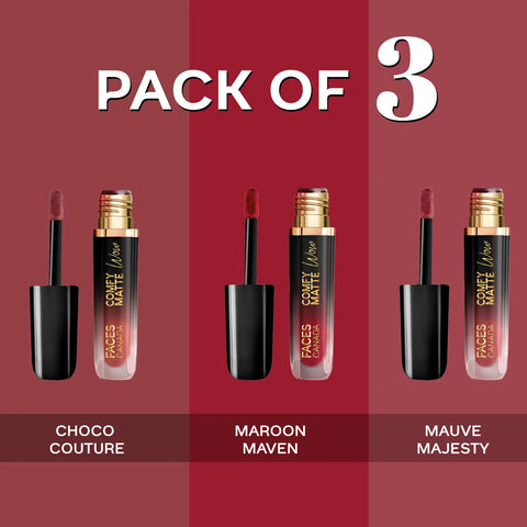 FACES CANADA Comfy Matte Wow Mini Liquid Lipstick - Brown Girl Basics (2 ml x 3) | Choco Couture + Mauve Majesty + Maroon Maven | One Swipe Application | Highly Pigmented | Comfortable Wear | Long Lasting | Pack of 3