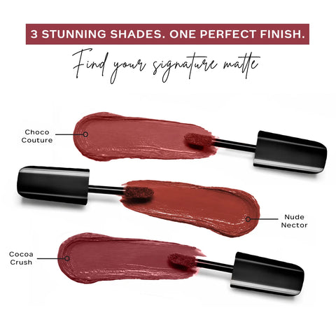 FACES CANADA Comfy Matte Wow Mini Liquid Lipstick - Classic Daily Nudes (2 ml x 3) | Choco Couture + Cocoa Crush + Nude Nectar | One Swipe Application | Highly Pigmented | Comfortable Wear | Long Lasting | Pack of 3