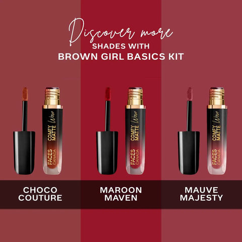 FACES CANADA Comfy Matte Wow Mini Liquid Lipstick - Classic Daily Nudes (2 ml x 3) | Choco Couture + Cocoa Crush + Nude Nectar | One Swipe Application | Highly Pigmented | Comfortable Wear | Long Lasting | Pack of 3