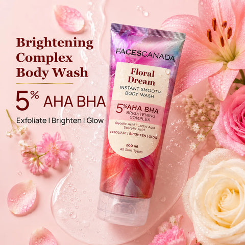 FACES CANADA Floral Dream Body Wash for Women (200 ml) | Floral Scented Shower Gel | Brightening Exfoliating & Hydrating | 5% AHA BHA & Glycolic Acid | Smooth Glowing Skin