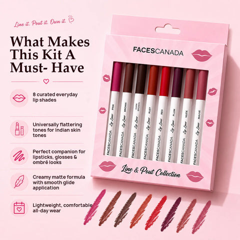 Faces Canada Line & Pout Collection Lip Liner Set | Pack of 8 Matte Lip Liners | 8 Versatile Shades for Indian Skin Tones | Creamy Glide Formula | Define Shape & Fill Lips