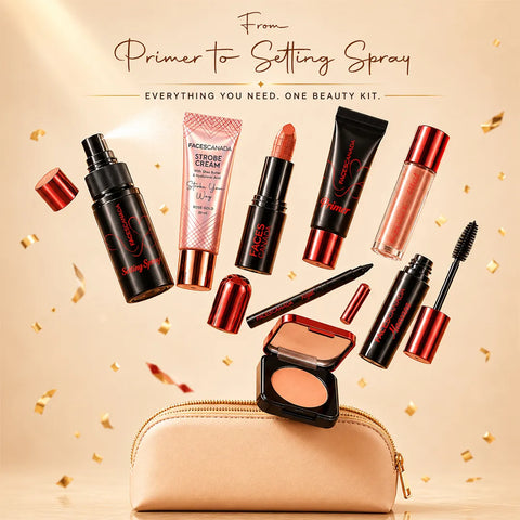 FACES CANADA Signature Collection - Strobe Cream (10 ml) + Setting Spray (30 ml) + Primer (12 ml)+ Mascara (6 ml)+ Compact (10 gm)+ Blush (2.6 ml) +Lipstick+ Kajal (0.30 gm) 8 pc