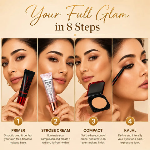 FACES CANADA Signature Collection - Strobe Cream (10 ml) + Setting Spray (30 ml) + Primer (12 ml)+ Mascara (6 ml)+ Compact (10 gm)+ Blush (2.6 ml) +Lipstick+ Kajal (0.30 gm) 8 pc