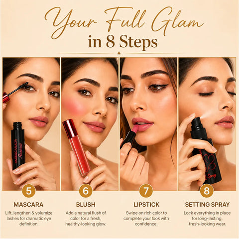 FACES CANADA Signature Collection - Strobe Cream (10 ml) + Setting Spray (30 ml) + Primer (12 ml)+ Mascara (6 ml)+ Compact (10 gm)+ Blush (2.6 ml) +Lipstick+ Kajal (0.30 gm) 8 pc