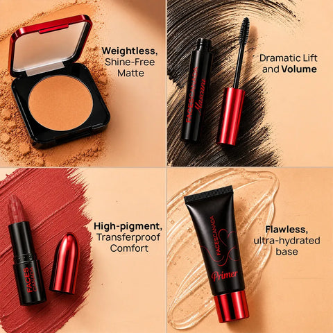 FACES CANADA Signature Collection - Strobe Cream (10 ml) + Setting Spray (30 ml) + Primer (12 ml)+ Mascara (6 ml)+ Compact (10 gm)+ Blush (2.6 ml) +Lipstick+ Kajal (0.30 gm) 8 pc