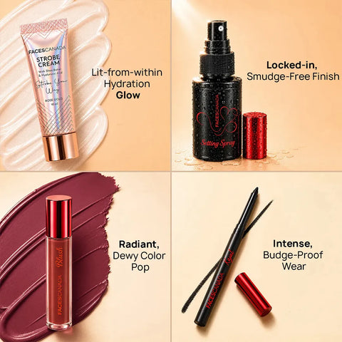 FACES CANADA Signature Collection - Strobe Cream (10 ml) + Setting Spray (30 ml) + Primer (12 ml)+ Mascara (6 ml)+ Compact (10 gm)+ Blush (2.6 ml) +Lipstick+ Kajal (0.30 gm) 8 pc