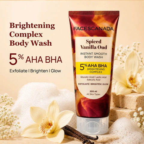 FACES CANADA Spiced Vanilla Oud Body Wash for Women (200 ml) | Spiced Vanilla & Smoky Oud Scented Shower Gel | Brightening Exfoliating & Hydrating | 5% AHA BHA & Glycolic Acid | Smooth Glowing Skin