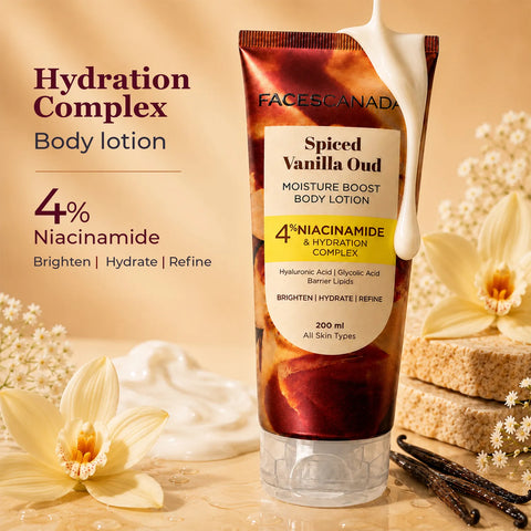 FACES CANADA Spiced Vanilla Oud Moisture Boost Body Lotion for Women (200 ml) | Bold Oriental Fragrance | Brightening & Hydrating Formula with 4% Niacinamide & Hyaluronic Acid | Soft Glowing Skin