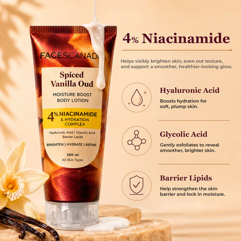 FACES CANADA Spiced Vanilla Oud Moisture Boost Body Lotion for Women (200 ml) | Bold Oriental Fragrance | Brightening & Hydrating Formula with 4% Niacinamide & Hyaluronic Acid | Soft Glowing Skin