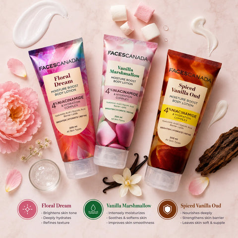 FACES CANADA Spiced Vanilla Oud Moisture Boost Body Lotion for Women (200 ml) | Bold Oriental Fragrance | Brightening & Hydrating Formula with 4% Niacinamide & Hyaluronic Acid | Soft Glowing Skin